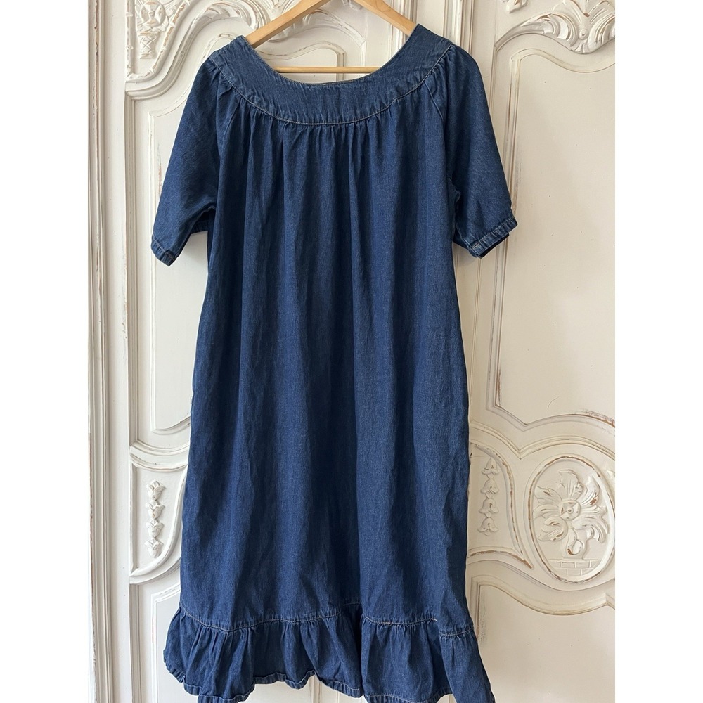 Vermont Country Store Denim Dress Embroidered Floral Peasant Boho Size L - Picture 4 of 10